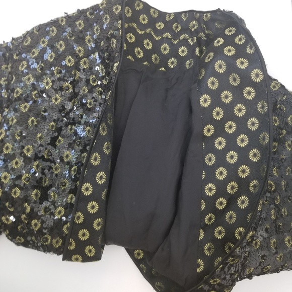 Black Sequin Beaded Evening Jacket Sequin Cocktail Blazer Gold Flower Accents S - Picture 8 of 9